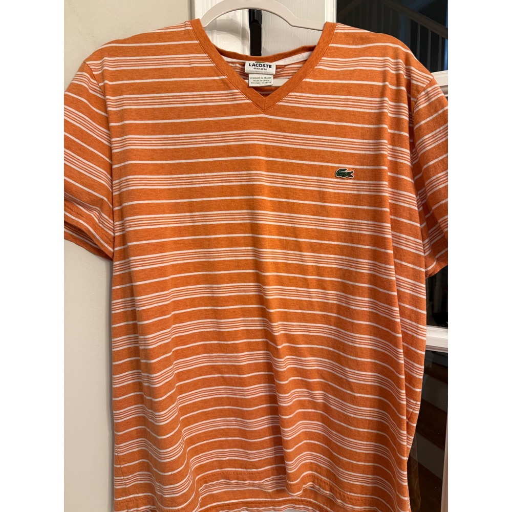 Lacoste Mens V-Neck Striped T-Shirt Orange White Cotton Size 8 Regular Fit
